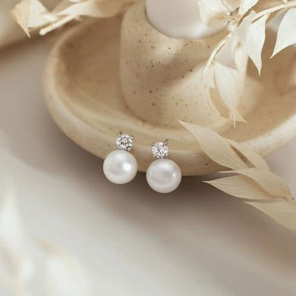WFYOU Pearl Earrings for Women 925 Sterling Silver Stud Earring | 14K Gold Plated Hypoallergenic Stud Earrings, White Diamond Dainty Bridal Earring, Trendy Jewelry, Wedding Party Gifts - color: Silver B, size: 5mm