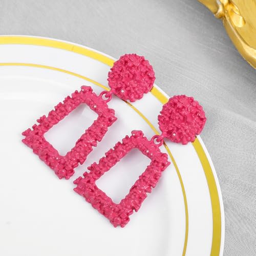 Clip on Earrings for Women, Big Statement Geometric Earrings Large Shiny Drop Dangle Earrings Non Pierced (Gold/Silver/Hot Pink) - color: Hot pink