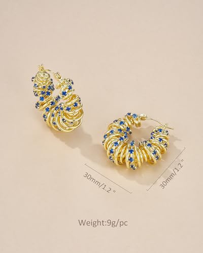18K Gold Plated Chunky Curve Twisted Open Hoop Statement Stud Earrings with CZ for Women by SNGIA, Large Handmade Spiral Texture Braided Formal Trendy Hoop Jewelry Gifts, Big Circle Geometric Shell Beachy Vacation Fashion Hanging Earrings Accessories, Vin