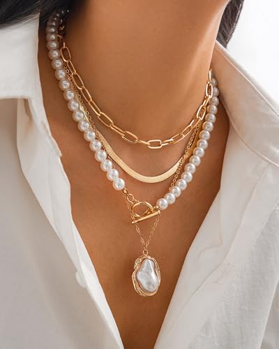 Gold Layered Necklaces for Women Chunky Layered Gold Necklaces Stacked Paperclip Chain Pearl Necklace Herringbone Toggle Clasp Choker Trendy Statement Jewelry Gifts - color: A9:chunky gold necklaces