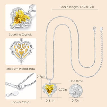 CDE Angel Wings Heart Birthstone Pendant Necklace Gift for Women | Silver/Gold Tone,Ideal Birthday & Anniversary Jewelry Gift for Wife,Girlfriend,Her - color: White-11-Yellow Birthstone