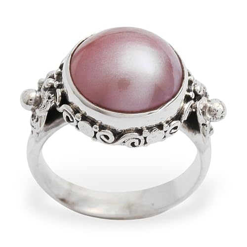 NOVICA Artisan Handmade Pearl Flower Ring Floral Sterling Silver Cocktail Pink Indonesia Birthstone [crownbezel 0.4 in H x 0.6 in Diam. Band Width 3 mm W] 'Love Moon'