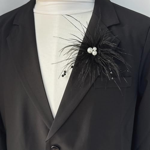 Elegant Feather Flower Pearl Cz Large Brooch Pin for Women Men Rhinestone Crystal Floral Lapel Pins Wedding Party Banquet Dress Suit Clothes Accessories Fashion Jewelry 180mm - color: Black