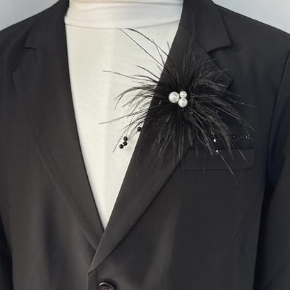 Elegant Feather Flower Pearl Cz Large Brooch Pin for Women Men Rhinestone Crystal Floral Lapel Pins Wedding Party Banquet Dress Suit Clothes Accessories Fashion Jewelry 180mm - color: Black