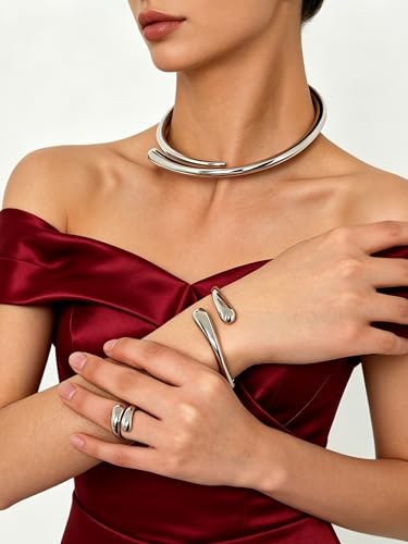 Round Teardrop Necklace Bracelet Ring Jewelry Set Gold Plated Chunky Statement Jewelry Set for Women Simple Elegant Jewelry - color: silver