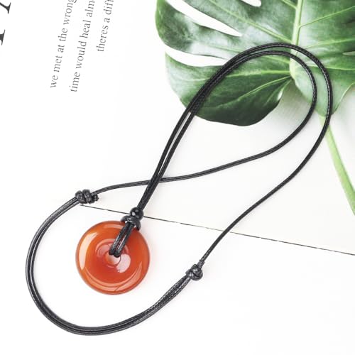 Anjiucc Natural Gemstone Pendant Necklce Lucky Coin Crystal Necklace Donut Pendnat with Adjustable Rope Healing Crystal for Men - color: Red Agate