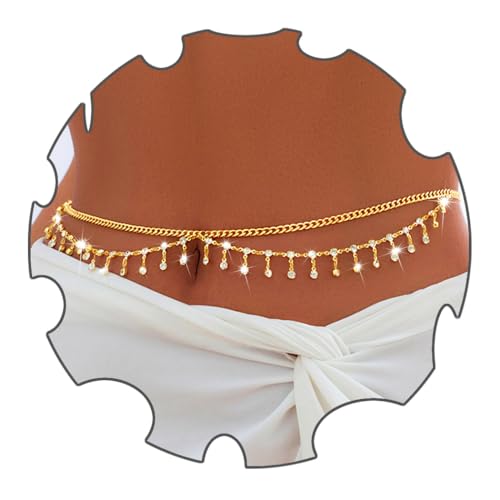 Florry Rhinestone Belly Chain Sequin Waist Chain Bikini Body Jewelry Chains Beach Belly Chain for the Waist Tassel Layered 18K Gold Body Chains for Women - color: Crystal