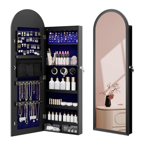 47 inch Arched Jewelry Cabinet Organizer with Mirror, Lockable | Jewelry Armoire Hanging Door/Wall Mounted, 6 LEDS, Arch Framed Mirror Cabinet with Storage, Gift for Women, Black - color: Black