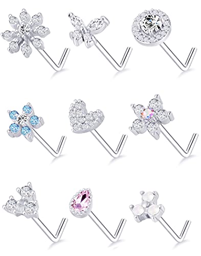 9Pcs Nose Rings Stud L Bone Screw Shaped Nose Ring Flower CZ Snowflake Butterfly Screw Nose Stud Body Piercing Jewelry for Women Men 20G Silver Gold Rose Gold Tone - color: A:Silver Tone