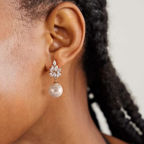 YOIHUR Drop Dangle Pearl Earrings for Women, Dainty 14K Gold Plated Pearl Hoop Earrings Hypoallergenic Wedding Pearls Dangle Earrings Jewelry Gift for Women Bridal - color: Gold-Exquisite Zircon Pearl Earrings