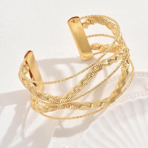 Chunky Gold Hollow Open Cuff Bracelets for Women,Adjustable Geometric Wire Warp Statement Wide Bangle,Personalized Birthday Jewelry Accessories Gifts