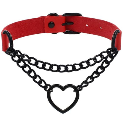 Love Heart Choker Collar Necklace, Adjustable Leather Punk PU Necklace Goth Choker Soft Collar Chain for Women - color: Red