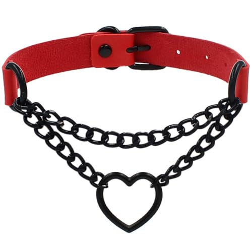 Love Heart Choker Collar Necklace, Adjustable Leather Punk PU Necklace Goth Choker Soft Collar Chain for Women - color: Red