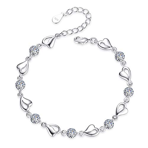 kelistom 925 Sterling Silver Bracelets for Women Teens, Love Heart Charm Chain Bracelet Bangle Fashion Jewelry Gifts - color: heart chain-white