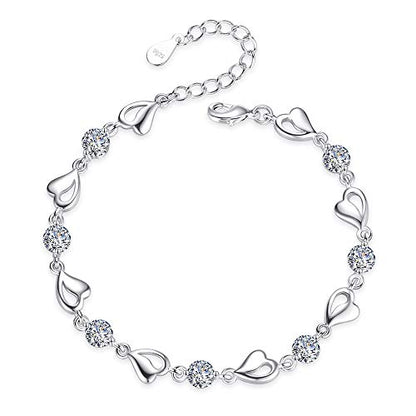 kelistom 925 Sterling Silver Bracelets for Women Teens, Love Heart Charm Chain Bracelet Bangle Fashion Jewelry Gifts - color: heart chain-white