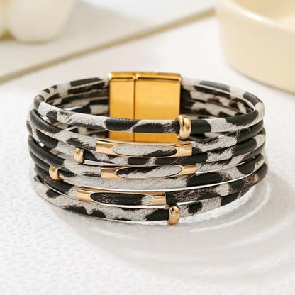 Caiyao Bohemia Multilayer Leopard Print Leather Wrap Bracelets Handmade Layered Leopard Cuff Bangle Bracelets for Women Men Party Holiday Wedding Jewelry Gifts - style: StyleB