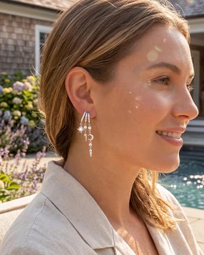 Gold Earrings for Women Trendy 14K Gold Plated Dangle Earrings Small Hoop Huggie Drop Stud Earrings Cubic Zirconia Simple Minimalist Dainty Chain Tassel Hypoallergenic Earrings - color: Celestial & Silver