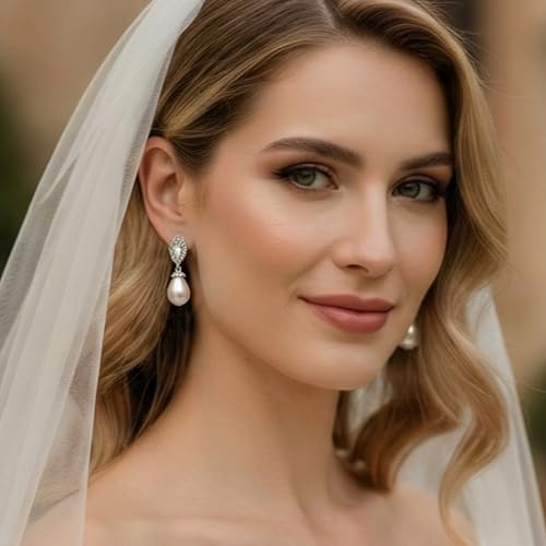 Mariell Pearl Bridal Wedding Drop Earrings with CZ Crystals for Brides, Bridesmaids, Birthday Gift - color: Silver - Clear Cubic Zirconia
