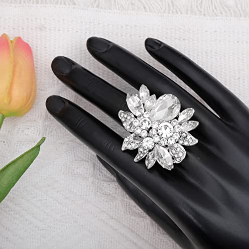 CSY Luxury Froral Cocktail Statement Rings Stretch Adjustable Ring | Gorgeous Women's Austrian Crystal Leaves Flower Big Cocktail Statement Rings Stretch Adjustable Ring Jewelry Accessories - color: White Crystal