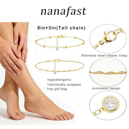 Nanafast Gold Anklet Set for Women – Dainty Twisted Chain & Beaded Ankle Bracelets Foot Jewelry - color: Gold