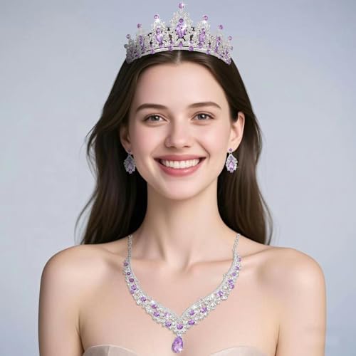 Tiaras and Crowns for Women,Tiaras Earrings Necklace, Crystal Bridal Jewelry Set - color: Purple