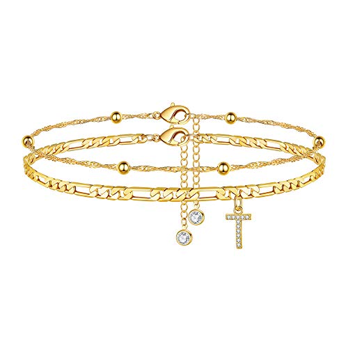 Ankle Bracelets for Women, 14K Gold Plated Dainty Layered Chain CZ Initial Anklets Summer Jewelry Gifts for Women - style: T-Gold