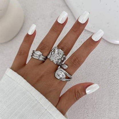 Chunky Gold Rings for Women Rhinestone Stackable Knuckle Ring Set Open Adjustable Statement Ring Set Dainty Crown Cross Midi Rings Fashion Jewelry Gift for Women - color: Silver1