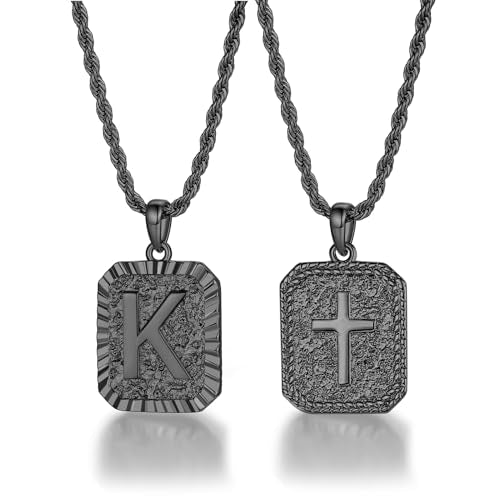 ASUWISH Gold Initial Necklaces for Men and Women, 18K Gold Plated Letter A-Z Cross Pendant with Adjustable Rope Chain, Letter Necklace for Women and Men - color: K, style: Black