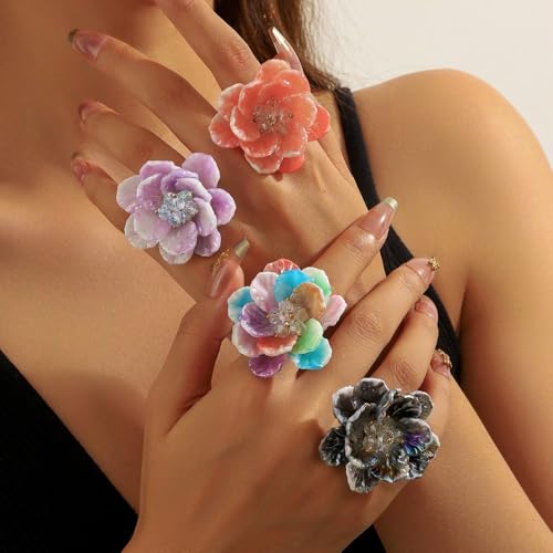Dtja Large Blossom Flower Statement Ring for Women Silver Plated Colorful Resin Daisy Cherry Floral Adjustable Open Wrap Finger Rings Elegant Wedding Theme Party Jewelry - color: Purple