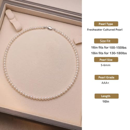 White Genuine Freshwater Cultured Pearl Necklace For Women And Men | Full Sizes from 3mm to 14mm Freshwater Pearls, AAA Grade & Above, A Love Gift Choice For Anniversaries And Birthdays - size: 5-6mm 16in