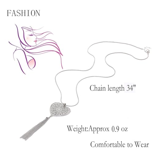 MOLOCH Long Necklaces For Woman Disk Circle Pendant Necklaces Tassel Fringe Necklace Set Statement Pendant - color: Heart-shaped-silver