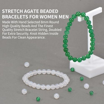 2PCS Agate Bracelet for Women Men Natural Round Beaded Agates Stone Healing Stretch Bracelets Elastic Handmade Polished Gemstone Beads Bracelet - color: White+Green, size: 8mm Beads