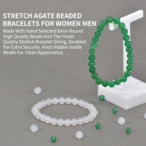 2PCS Agate Bracelet for Women Men Natural Round Beaded Agates Stone Healing Stretch Bracelets Elastic Handmade Polished Gemstone Beads Bracelet - color: White+Green, size: 8mm Beads