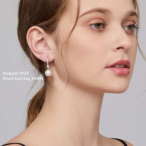Pearl Dangle Drop Earrings for Women 925 Sterling Silver Pearl Leverback Earrings Cubic Zirconia Pearl Dangling Earrings 10MM - color: 1. white-8mm