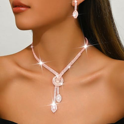 Unicra Silver Rhinestone Bridal Wedding Jewelry Set Crystal Necklace Earrings Sets Formal Prom Costume Jewelry Sets for Women and Brides - color: Rose Gold