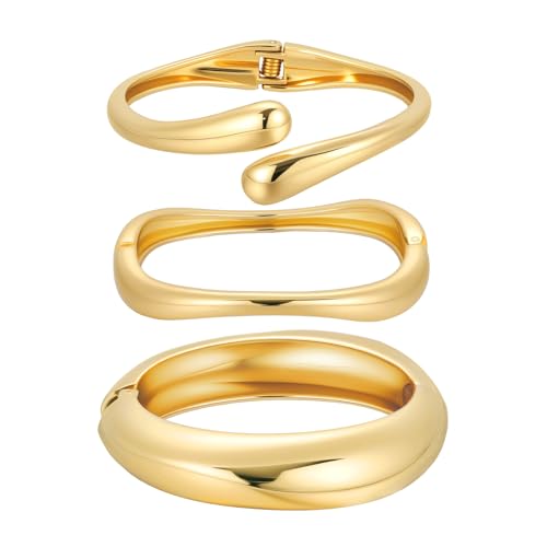 Emibele Gold Bangles for Women, 2PCS Irregular Chunky Gold Bracelet Hinged Open Bangle Bracelets for Women, Fashion Wide Arm Cuff Minimalist Chunky Jewelry Gifts for Valentine Christmas Birthday - style: N Gold