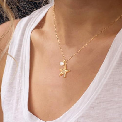 MTMY Gold Starfish Necklace 14K Gold Plated Shell Conch Ocean Pendant Necklace for Women Beach Summer Jewelry - style: starfish pearl