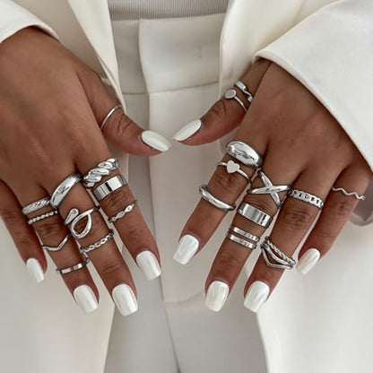 Gold Rings for Women Non Tarnish Stackable Rhinestone Moon Star Rings Dainty Stacking Pearl Butterfly Midi Pinky Thumb Joint Finger Knuckle Ring Set Gold Non Tarnish Jewelry Gifts Trendy Stuff - color: F Silver Stackable Rings 24Pcs