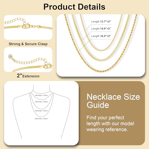Freekiss Layered Necklace Set for Women Stackable | Herringbone Snake Cuban Rope Chain, Dainty Choker, Layered Stackable, Non Tarnish, Hypoallergenic, Adjustable 14-18.5" - color: Gold, style: 3Snake+Rope+Cuban