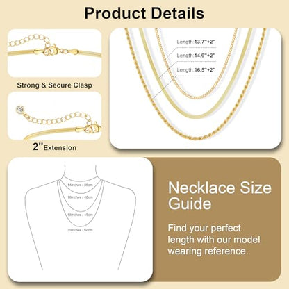 Freekiss Layered Necklace Set for Women Stackable | Herringbone Snake Cuban Rope Chain, Dainty Choker, Layered Stackable, Non Tarnish, Hypoallergenic, Adjustable 14-18.5" - color: Gold, style: 3Snake+Rope+Cuban