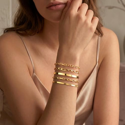 Dainty Gold Bracelet for Women Trendy Non Tarnish, Thin Bracelets Stackable Set with Bangle Cuff, Box, Herringbone, Paperclip, Figaro, Sparkling Link Chains Waterproof, Simple Jewelry Gifts for Women - color: style 04-gold