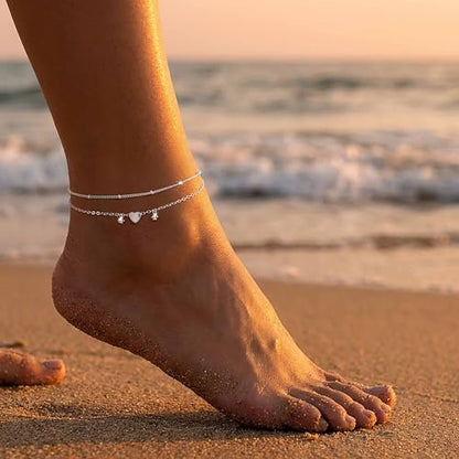 Gold/Silver Anklets for Women，Dainty 14K Gold Plated Waterproof Beaded Ankle Bracelet Non Tarnish Stackable Beach Jewelry Gift - style: 2pc-silver