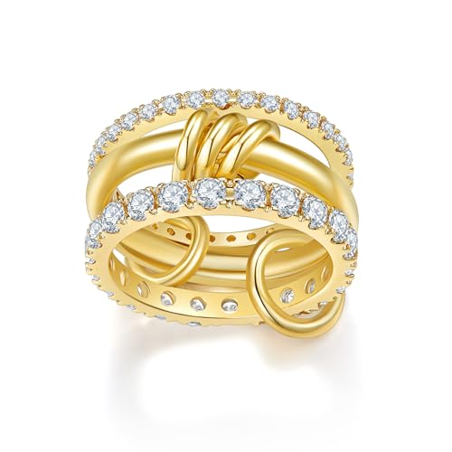 MINDDHA 14K Gold Plated Interlocked Stackable Rings for Women - Statement Multi Ring Stack - Cubic Zirconia Two-Toned Stackable Bands Stacking Jewelry 3 Row Size 4-12 - color: Thin Band&CZ Gold