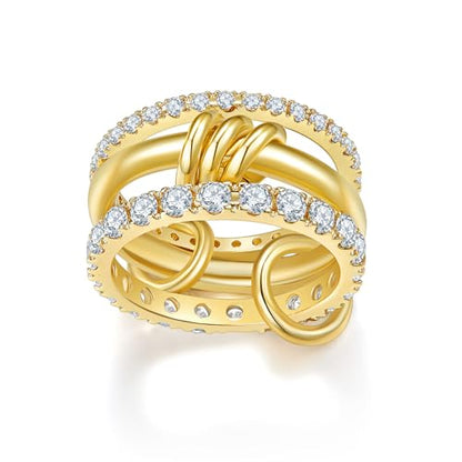 MINDDHA 14K Gold Plated Interlocked Stackable Rings for Women - Statement Multi Ring Stack - Cubic Zirconia Two-Toned Stackable Bands Stacking Jewelry 3 Row Size 4-12 - color: Thin Band&CZ Gold