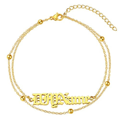 ChainsHouse Double Layer Anklet Bracelet for Women,Adjustable Chain Anklets Stackable Dainty Anklets,Stainless Steel/Gold Plated/Black Ankle Jewelry Gifts - color: B-Gold Plated-Bead Chain
