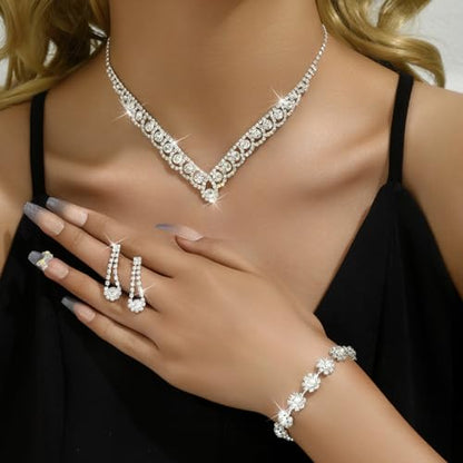 Prom Earrings Necklace Bracelet Set Elegant Crystal Rhinestone Necklace Earrings Bracelet Bridal Wedding Prom Dresses Costume Outfit Gold Jewelry Sets for Women - color: F