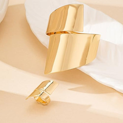 Gold Jewelry Sets for Women Bangle Ring Set Chunky Bangle Bracelet And Ring Statement Jewelry Set for Women - style: Gold-A