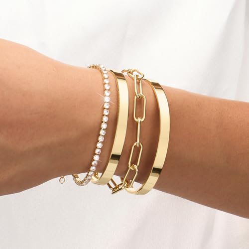 Gold Bracelets Stack Jewelry for Women Non Tarnish Waterproof | 14K Gold Plated Bangle Cuff Bracelet Set Accessories - color: Gold, style: Style B