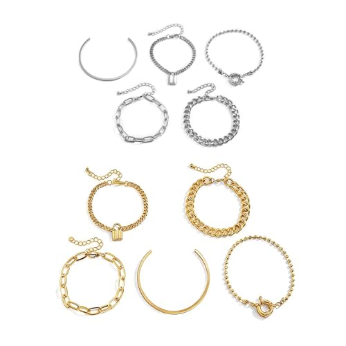 10Pcs Golden Silvery Bracelets for Women,Waterproof Womens Fashion Accessories,Bracelets for Women Trendy,Stackable Dainty Bracelets for Womens