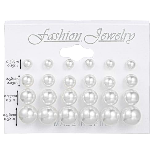 24 Pairs Pearl Studs Earrings for Women, Faux Simulated Pearl Earrings 4 Mixed Sizes Round Ball Pearls Stud Earring Set - color: White